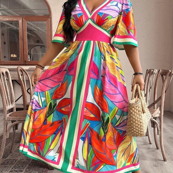 Multicolor Boho Women's Plus Size Vacation Casual Plant Printed High-Waist Long - Picture 1 of 6